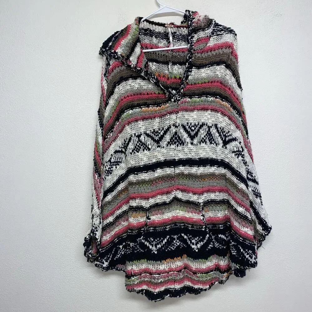 Free People Hippie Boho Festival Bubble Tea Hooded Poncho M/L - Picture 2 of 10
